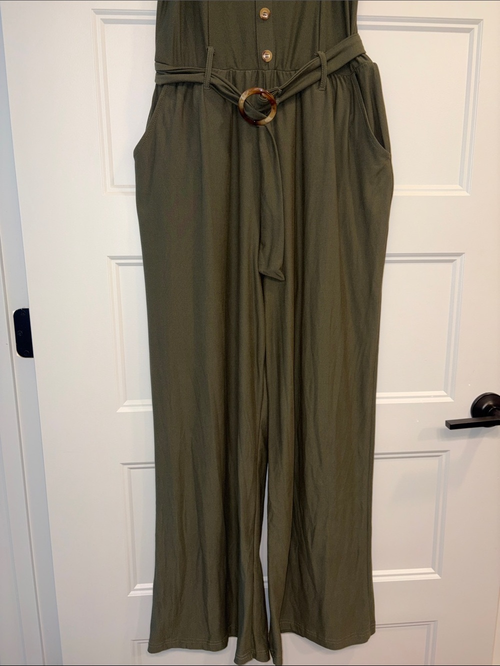 Derek Heart Olive Puff-Sleeve Wide-Leg Jumpsuit with Ring-Belt - Picture 3 of 12